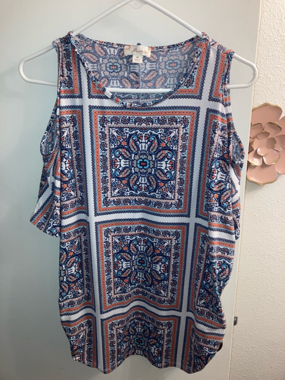 Misia Cold-Shoulder Tank Top in Blue, Peach, Tan & White
